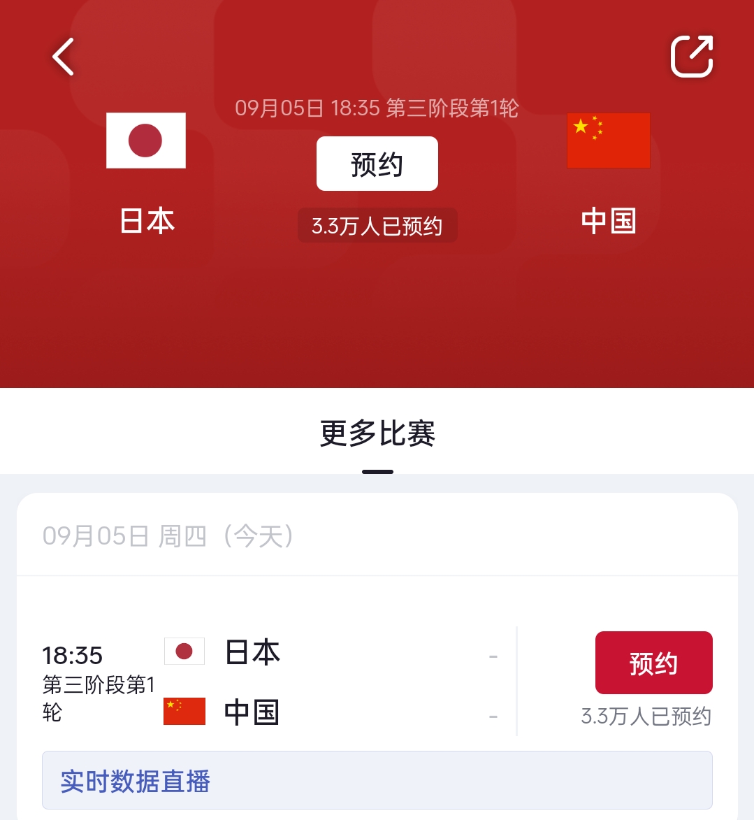 央视频APP显示国足vs日本将“实时数据直播”，已有3.3万人预约